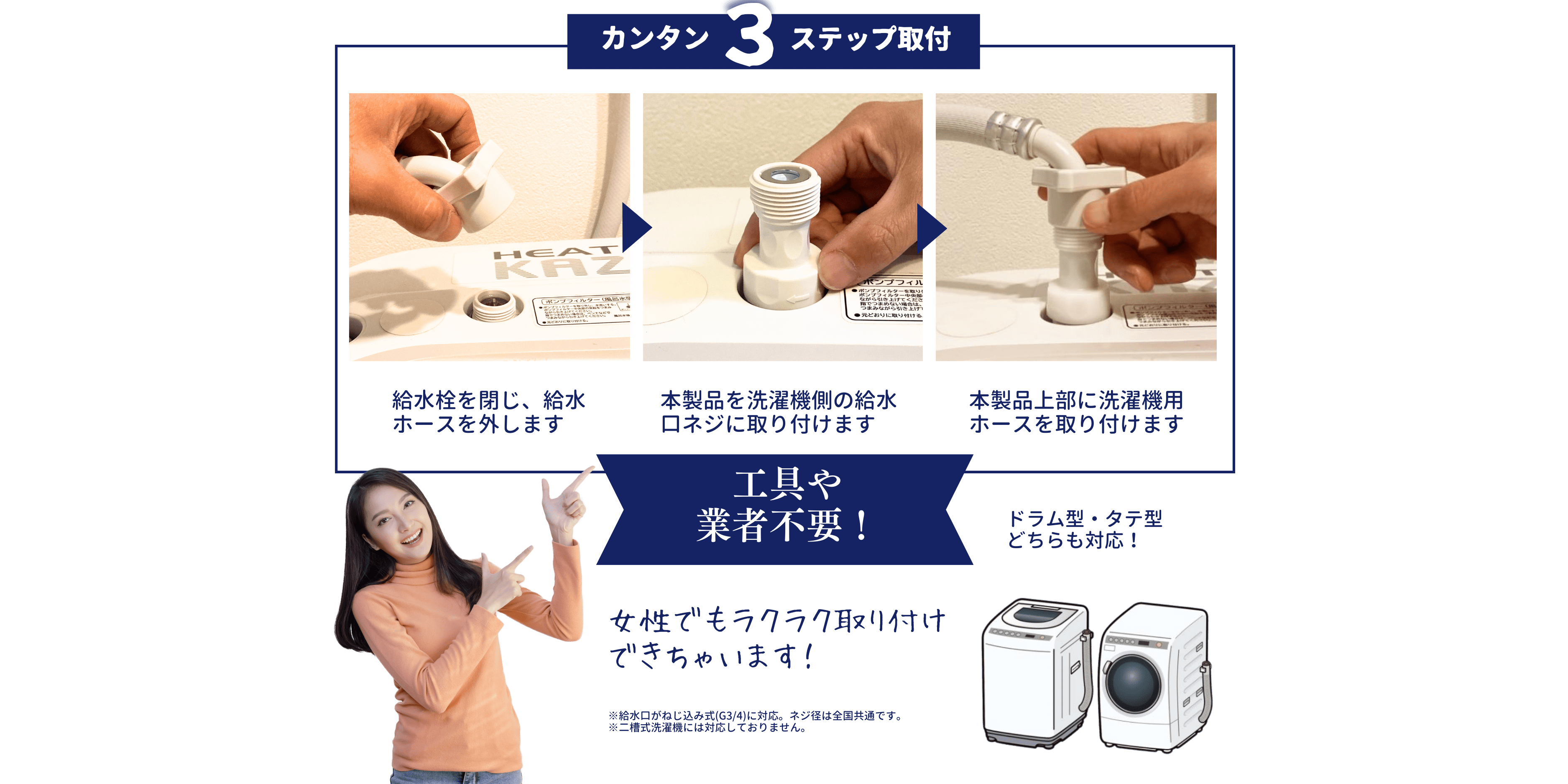 工具や業者不要で女性でも簡単に取り付けできます。