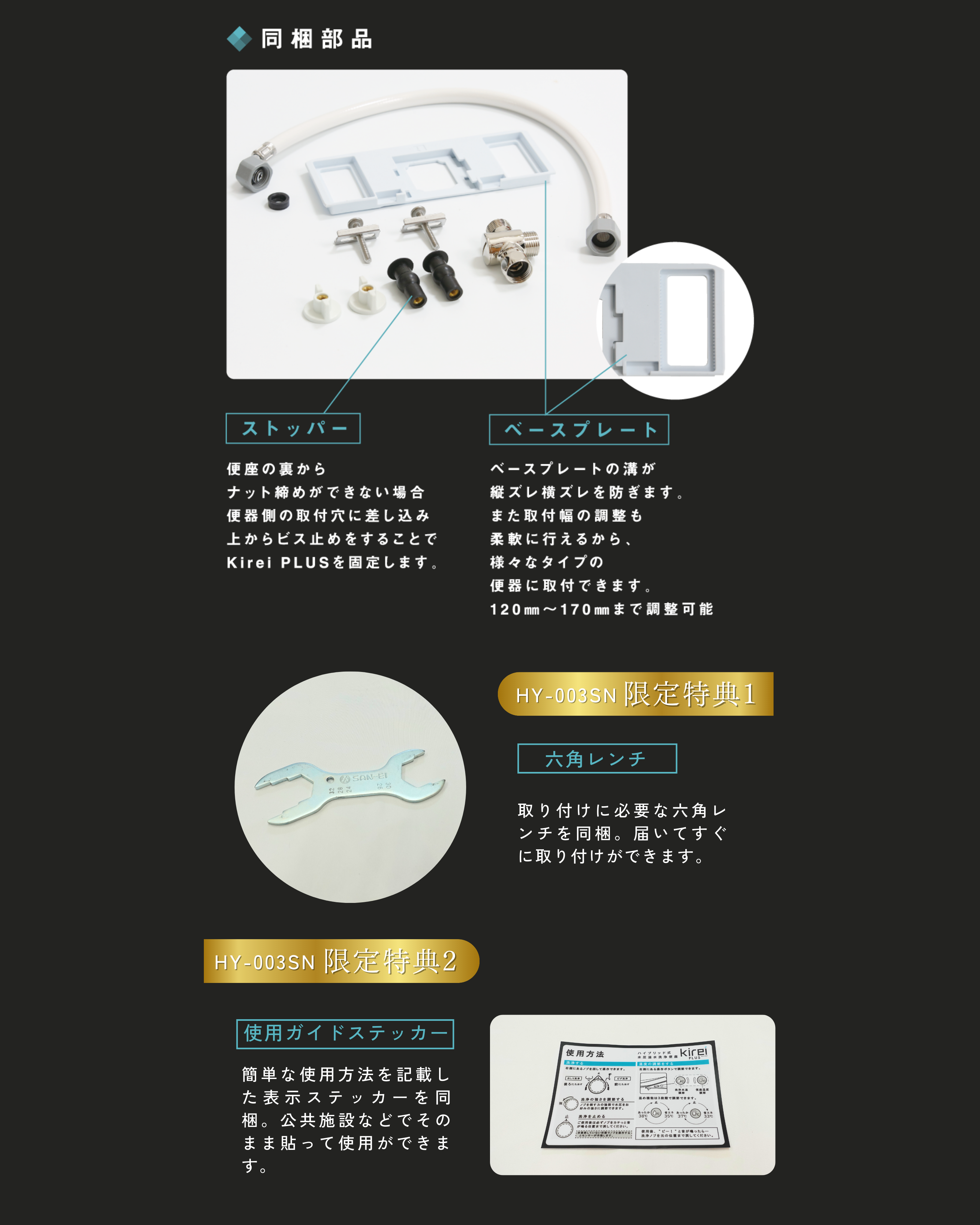 通常の部品に加え、HY-003SN限定特典として取付用の六角レンチと使用ガイドステッカーを同梱。