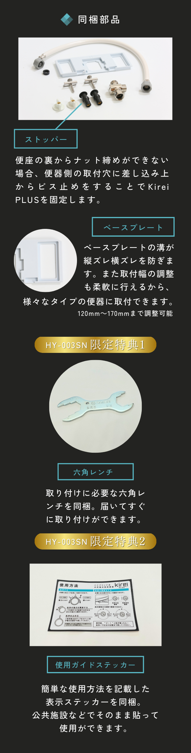 通常の部品に加え、HY-003SN限定特典として取付用の六角レンチと使用ガイドステッカーを同梱。